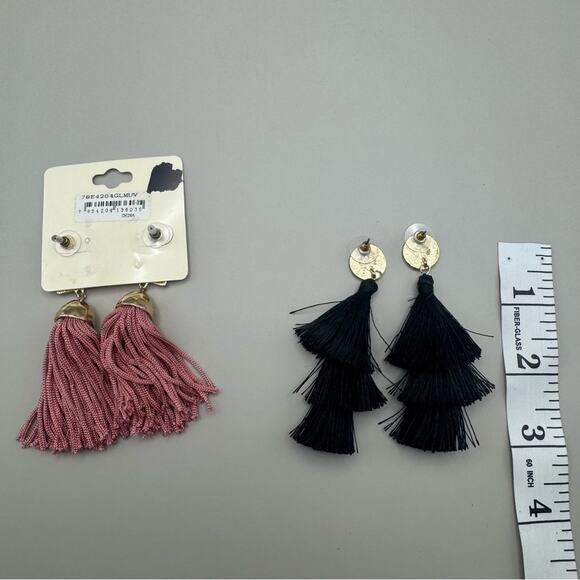 2 Pairs of Tiered Fringe Dangle Earrings One Pink One Black - Picture 4 of 4